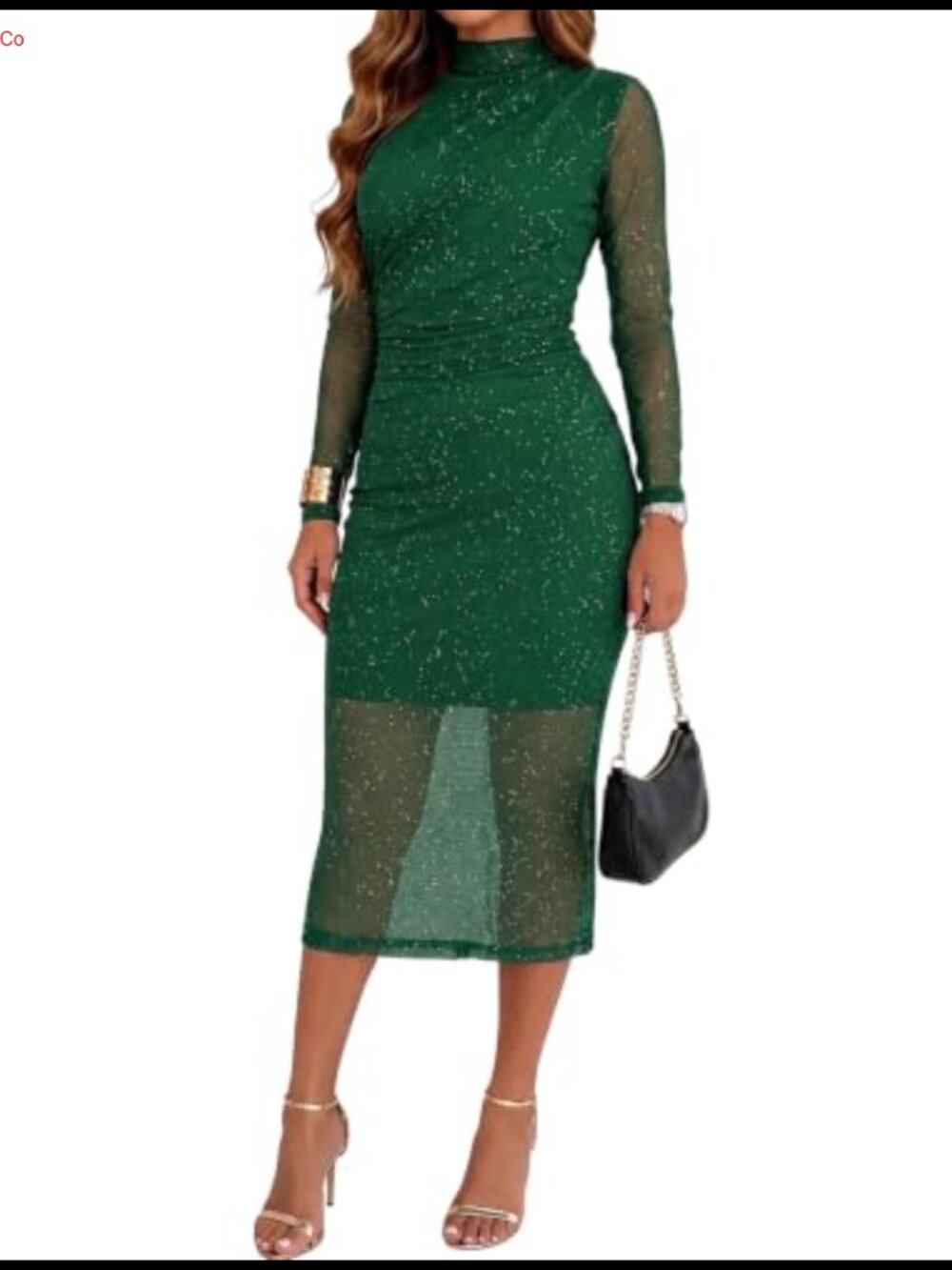 Glitter Sheer Mesh Bodycon Midi Dress with Mock Neck & Long Sleeves